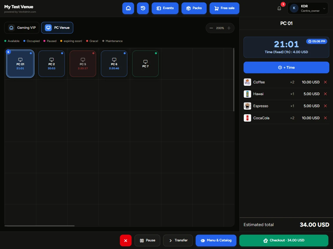 VenAdmin POS on a tablet: stations in session with their timers, the PC 01 ticket with its drinks and the total to check out